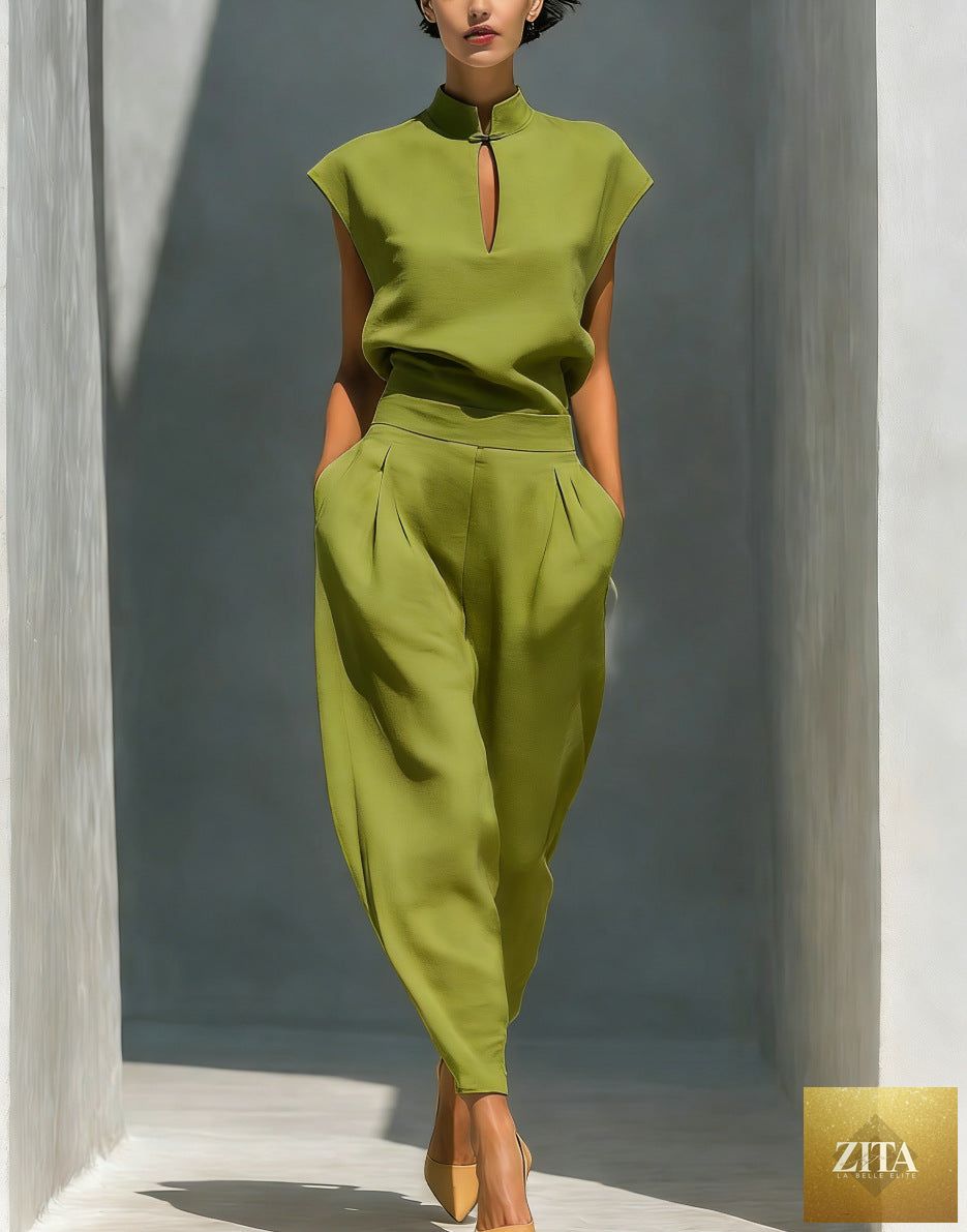 Women's satin Chinese-style short-sleeve top and pants set by Zita La Belle Elite, casualwear with elegant design and smooth fabric.