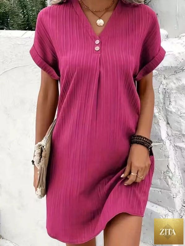 Short sleeve solid V-neck dress from FitiqueFit featuring button-front closure and casual shirt dress style.
