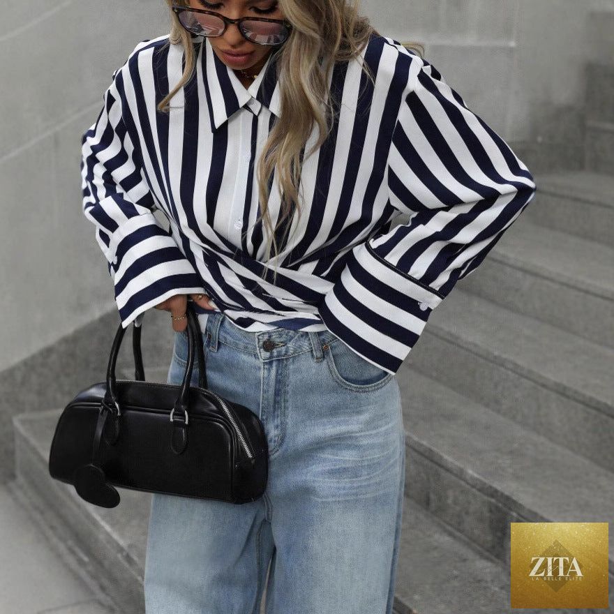 Women's striped long-sleeve loose shirt by Zita La Belle Elite, featuring a casual fit and classic stripe pattern.