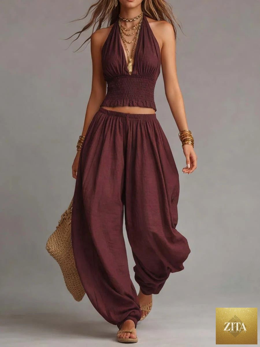 Zita La Belle Elite women's sleeveless backless halter top and wide-leg pants set, shown in a stylish, coordinated outfit.