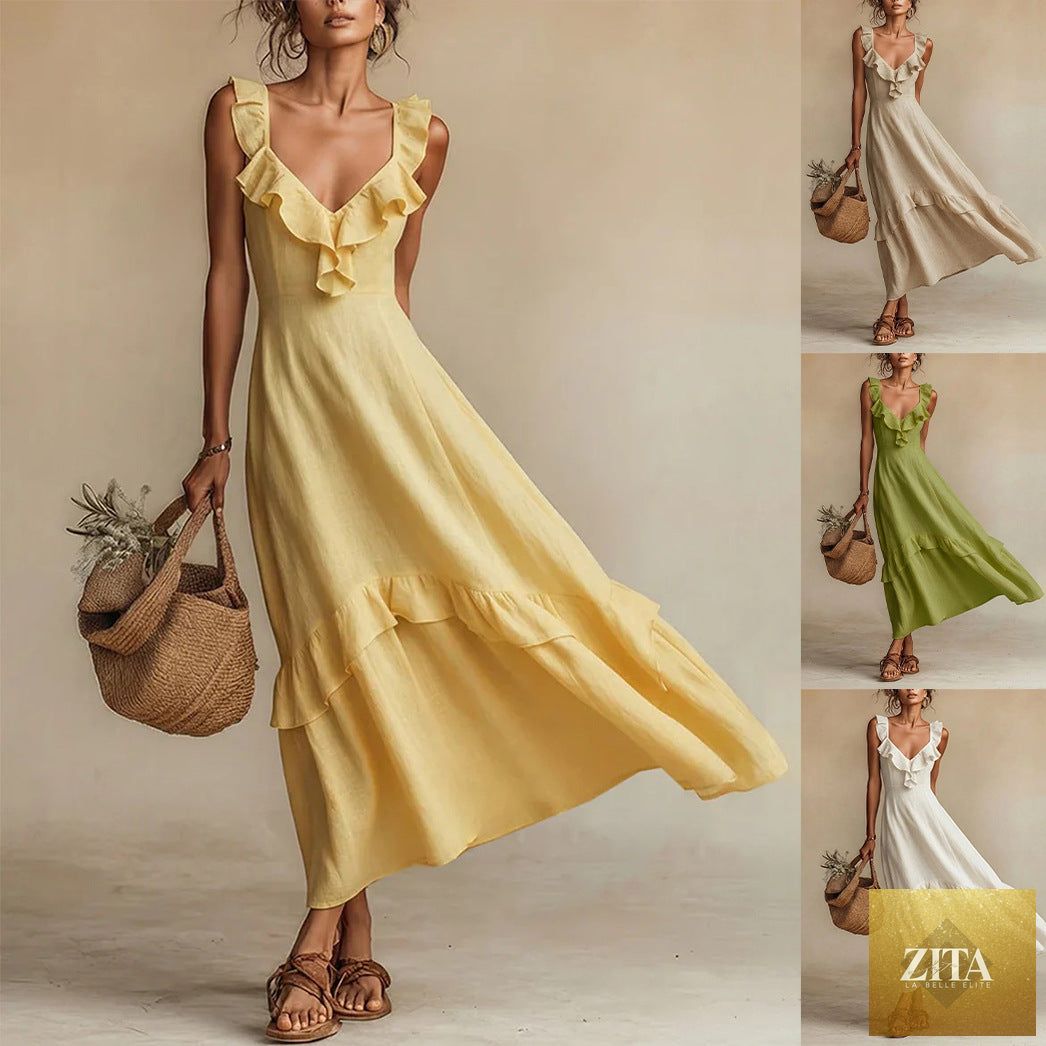 FitiqueFit sleeveless ruffle high-waist maxi dress in various colors, casualwear with flowing fabric and ruffle details.