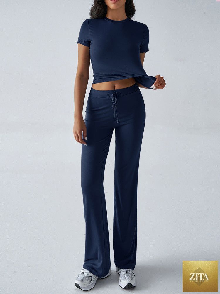 Zita La Belle Elite crew neck short sleeve top and full-length pants set in solid color, displayed in multiple color options.
