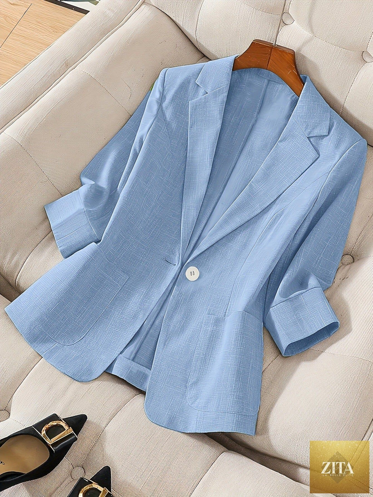Women's three-quarter sleeve casual blazer by Zita La Belle Elite, single-button coat with tailored fit and structured design.