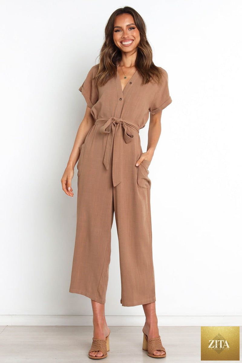 Women's V-neck cropped wide-leg knit jumpsuit by Zita La Belle Elite, shown in a casualwear style, featuring a relaxed fit and V-neck design.