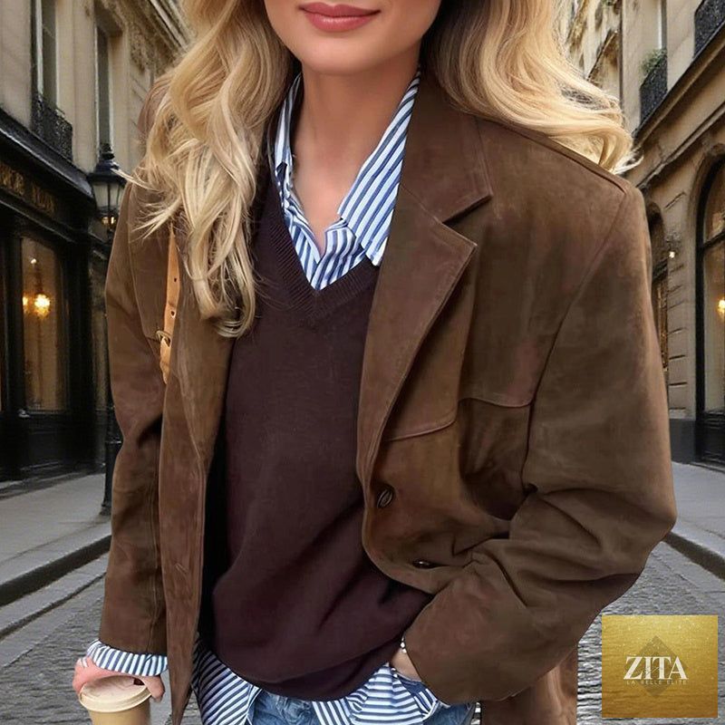 Suede-look blazer jacket by FitiqueFit featuring a V-notch lapel and button-front casual coat style.