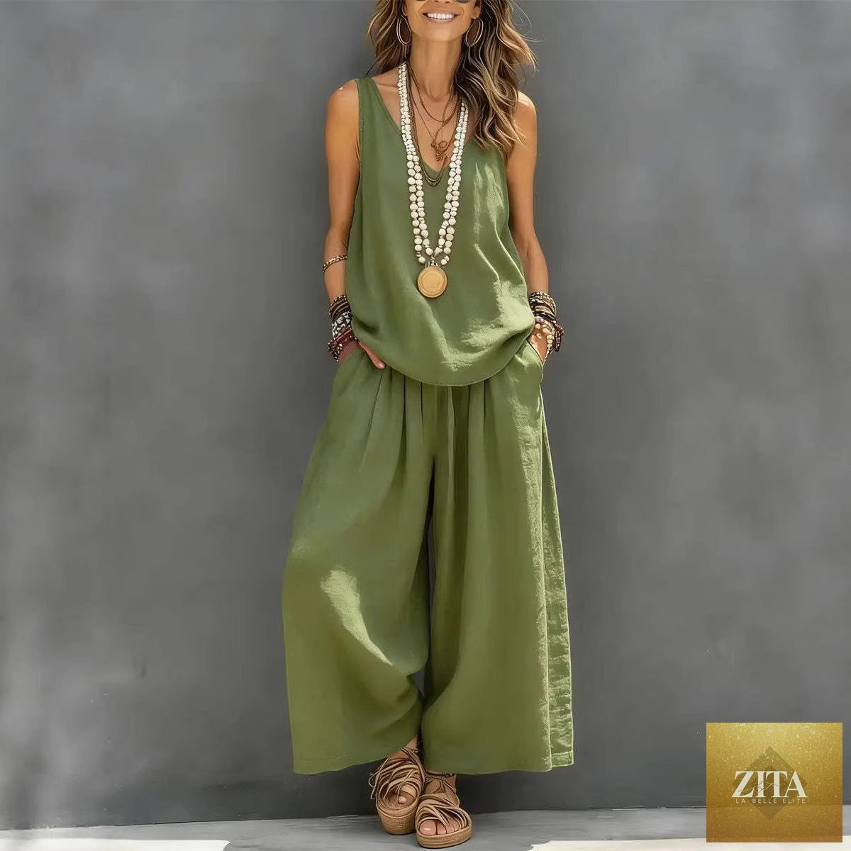 Womens Solid-Colored Casual Sleeveless Tank Top And Wide-Leg Pants Cotton-Linen Set For Daily Wear Holiday Outfit