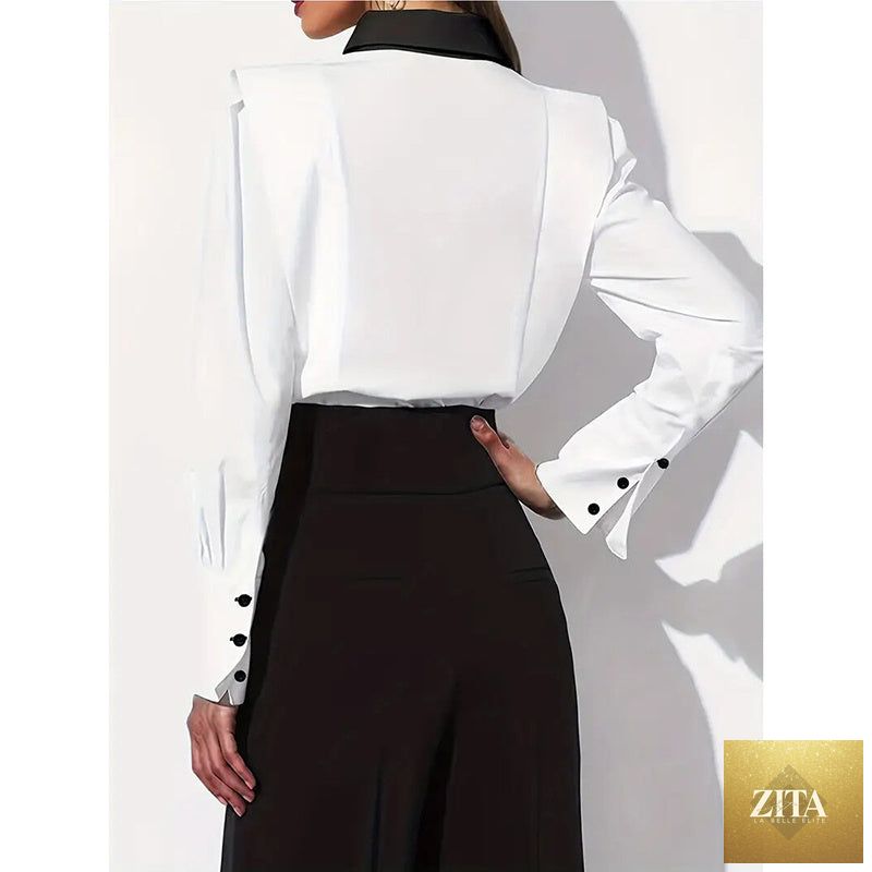 Women’s black and white colorblock casual shirt by FitiqueFit, featuring a stylish and comfortable design for everyday wear.