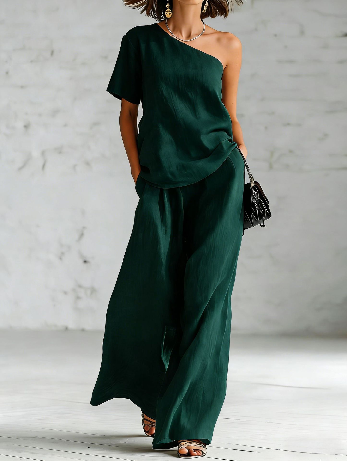 Women's wide-leg pants and top set by FitiqueFit, casual 2-piece outfit with three-quarter sleeves, perfect for relaxed wear.