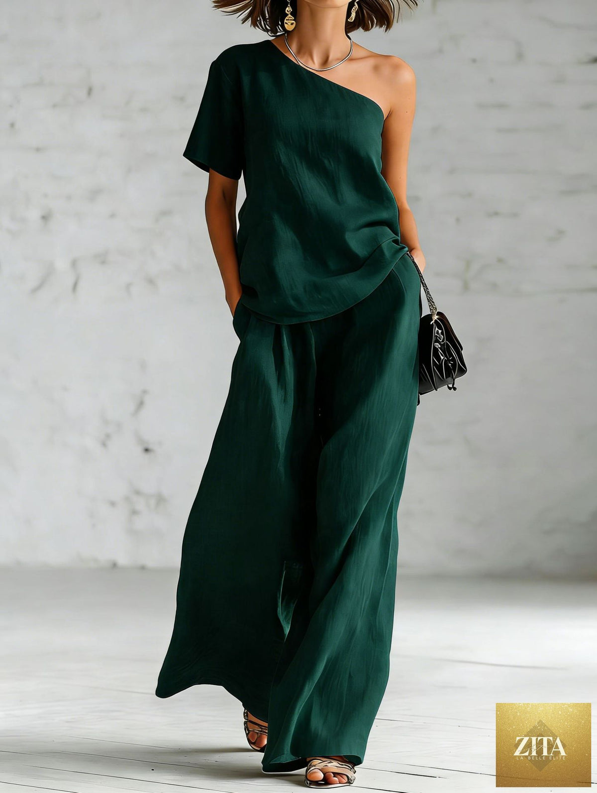 Women's wide-leg pants and top set by Zita La Belle Elite, casual 2-piece outfit with three-quarter sleeves, stylish and comfortable.