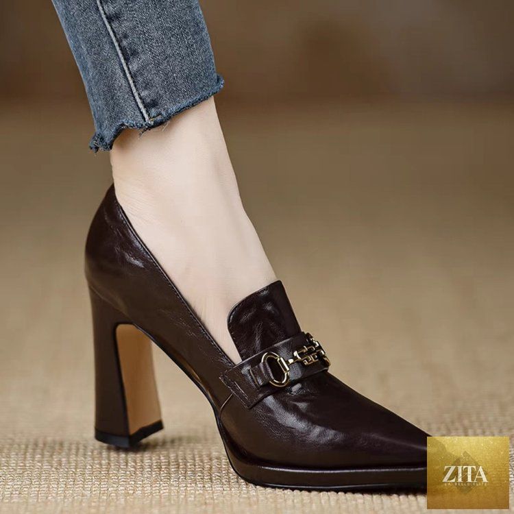 Women's Zita La Belle Elite retro chunky heel pointed toe pumps with slip-on design, ideal for office wear.