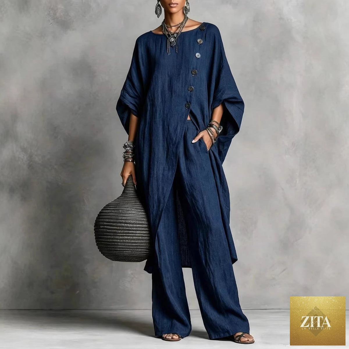 Zita La Belle Elite women's casual drop shoulder three-quarter sleeve irregular shirt and matching pants set, stylish and comfortable.