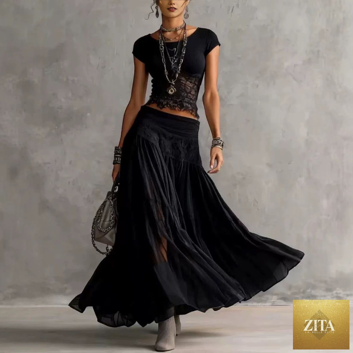 Women's Ribbed Knit Fringe-Hem Crop Top & Tiered Crinkle Chiffon Maxi Skirt Boho-Luxe Set