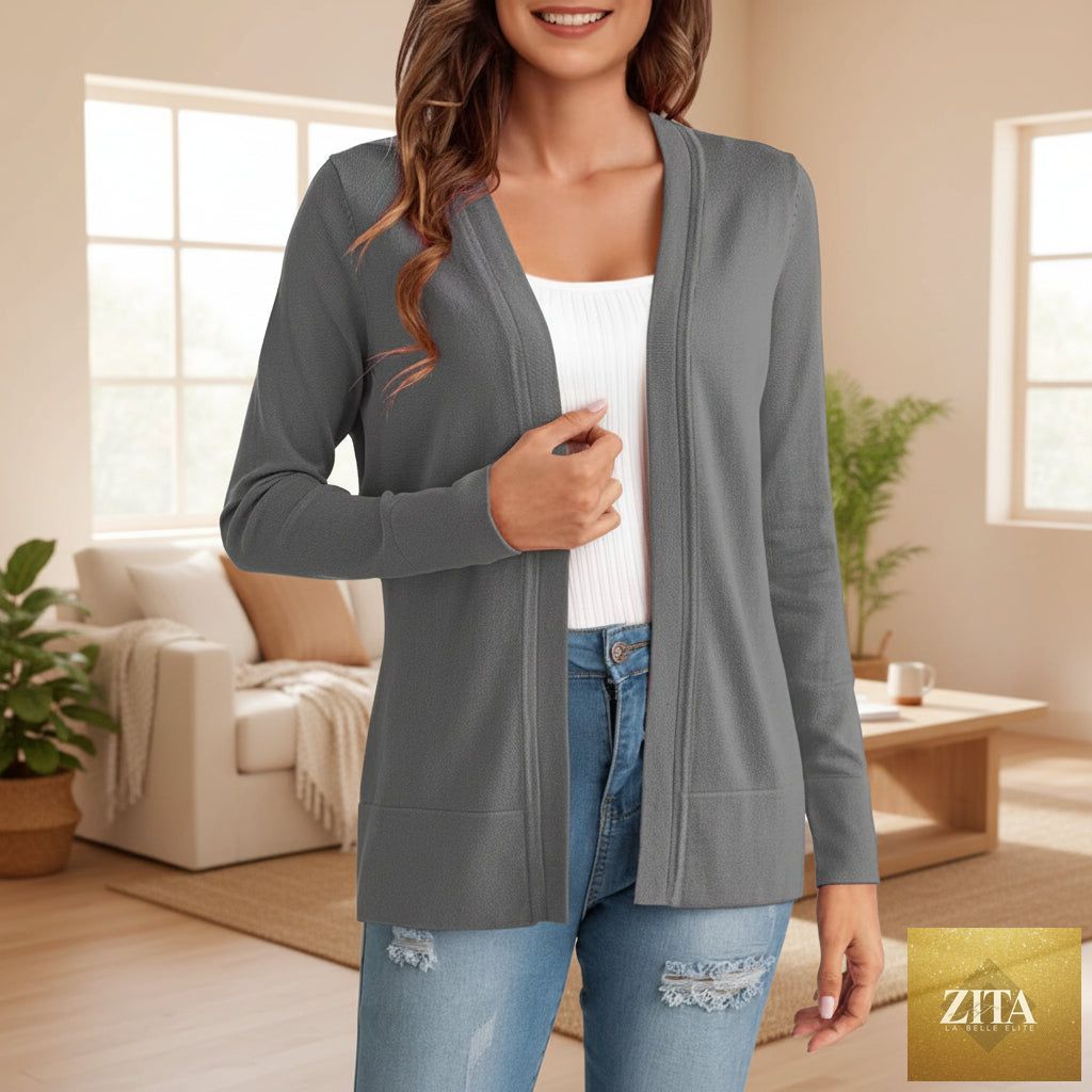 Women's knitted loose cardigan coat in four colors, casual sweater from FitiqueFit, styled with open front and long sleeves.