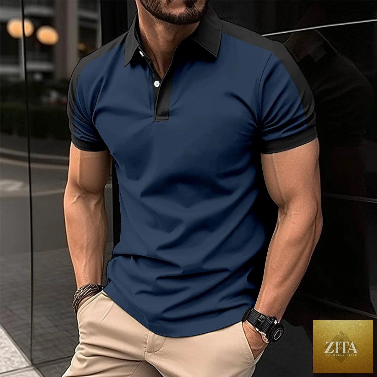 Men's casual summer polo shirt by MANDOTOS, short sleeve business shirt in lightweight fabric with a classic collar and button front.