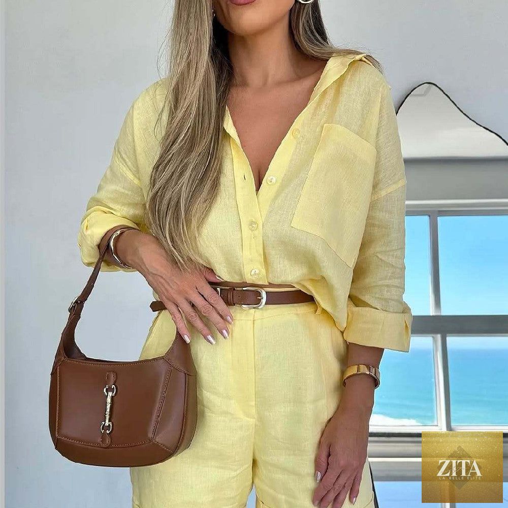 Women's casual cotton long-sleeve shirt and shorts set by Zita La Belle Elite, featuring a relaxed fit and comfortable design.