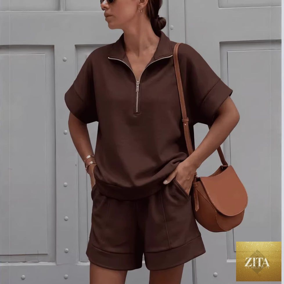 Zita La Belle Elite women's solid color casual sweatshirt set with short top and matching pants, comfortable loungewear.