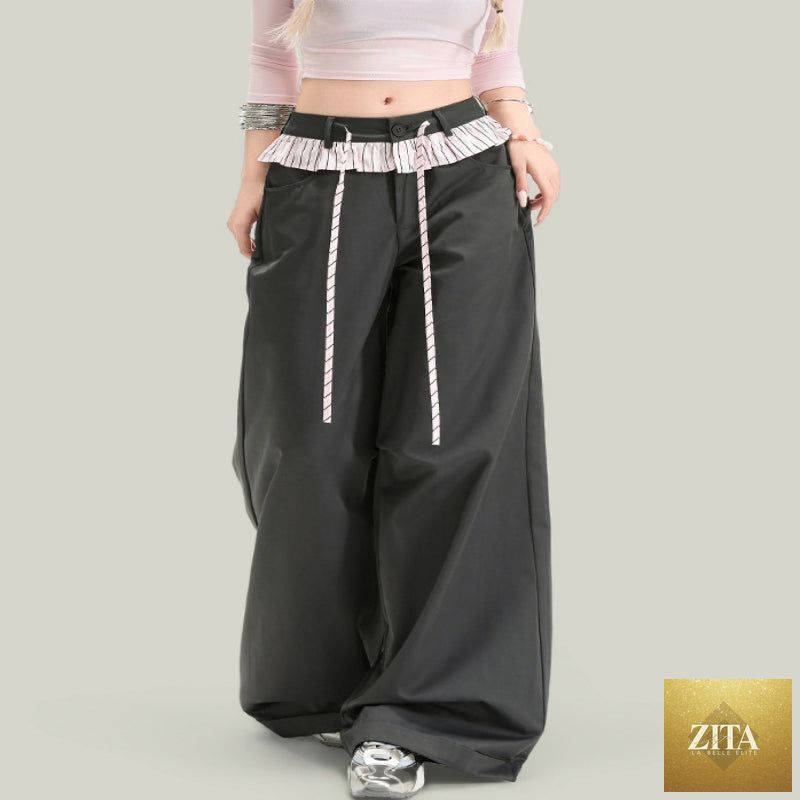 Women’s vintage lace panel casual streetwear pants by FitiqueFit, featuring relaxed fit and lace detailing.
