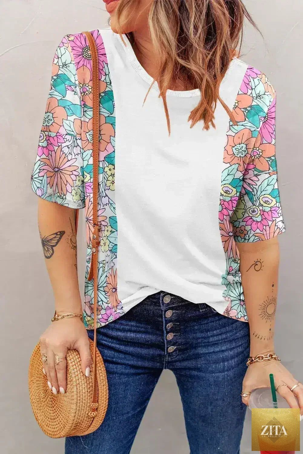 Femstylo floral patchwork short sleeve summer top, stylish blouse with vibrant floral pattern and comfortable fit.