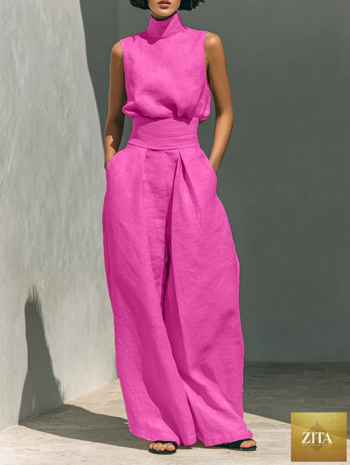 Casual sleeveless summer suit for women featuring a stand-up collar pullover top and loose straight-leg trousers, by LadyShow.