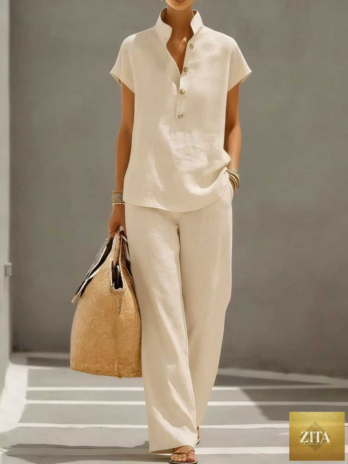 Zita La Belle Elite three-piece casual lounge set with solid color cardigan, short sleeve top, and matching pants.