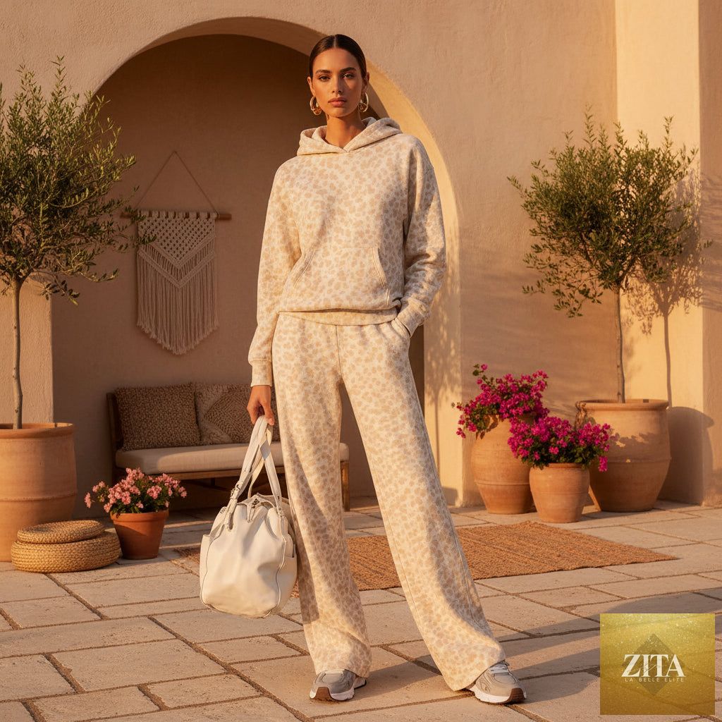Women’s washed leopard print oversized hoodie and wide-leg pants set by MERIDGE, featuring a relaxed fit and bold animal print.