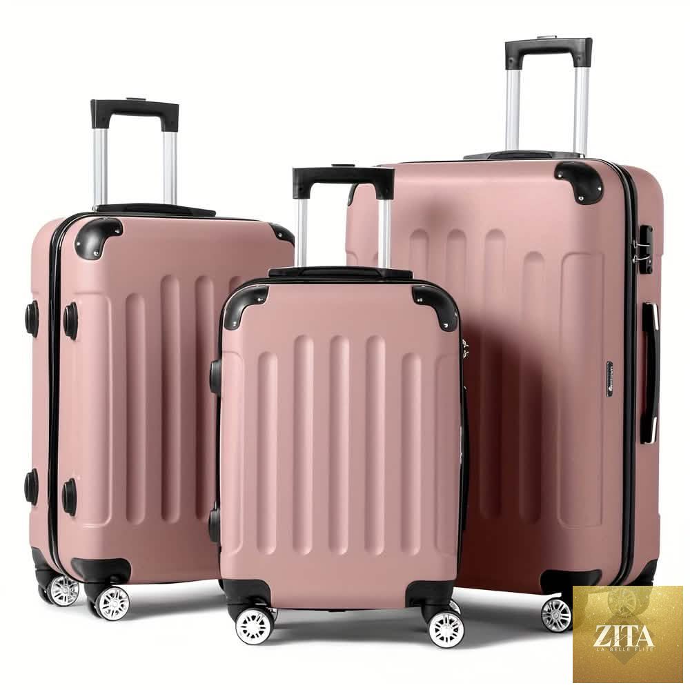 Set of three DailySale hard shell travel bags with TSA locks, 20/24/28 inch sizes, 360° spinner wheels for easy maneuvering.