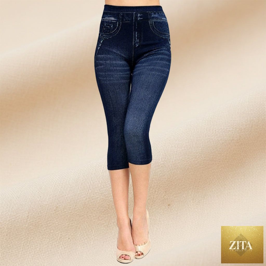 Seamless denim print leggings from FitiqueFit with hollow cut design, showcasing a form-fitting, sexy style.