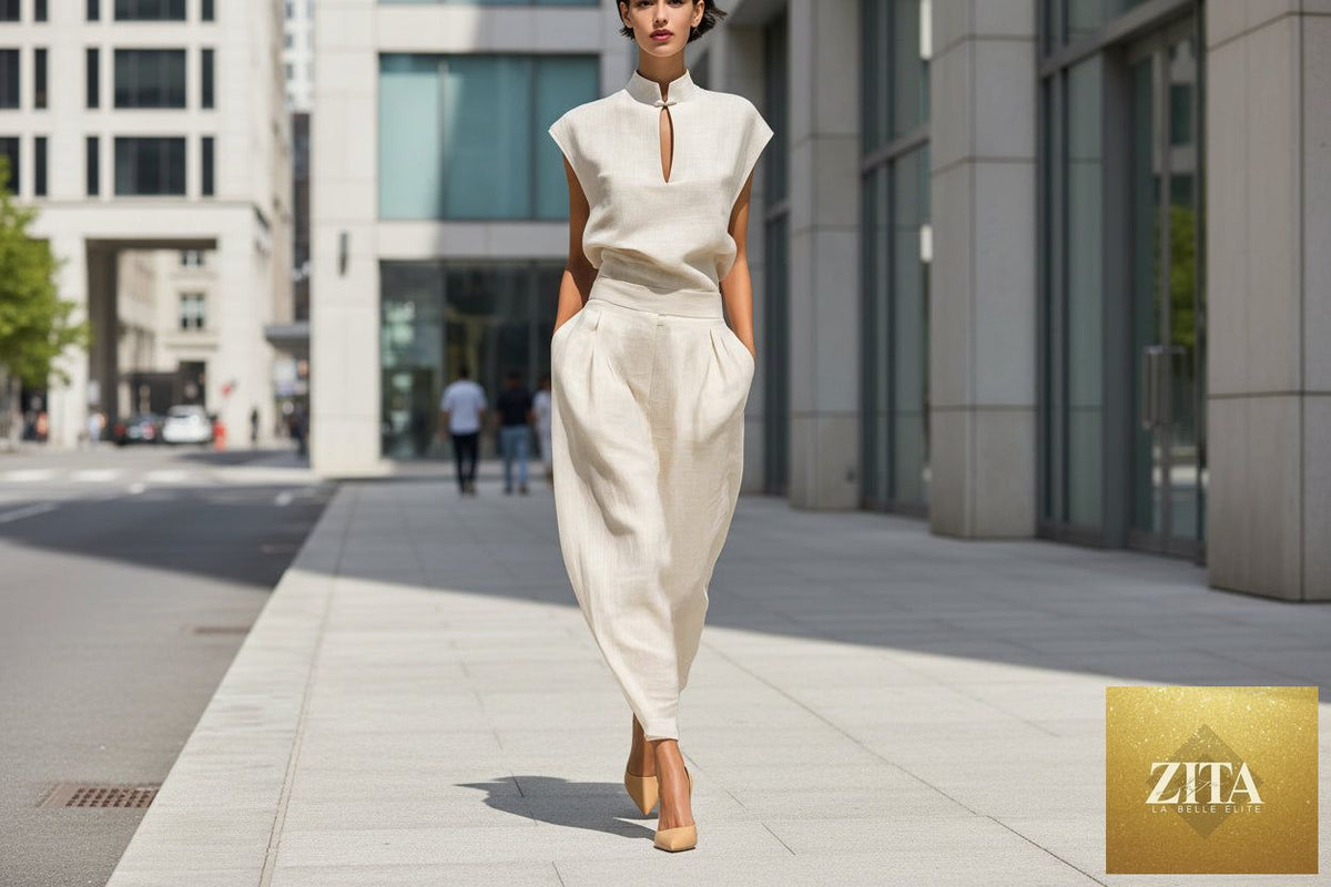 Zita La Belle Elite women's Chinese-style satin short-sleeve top and pants casualwear set, elegant and comfortable for everyday wear.