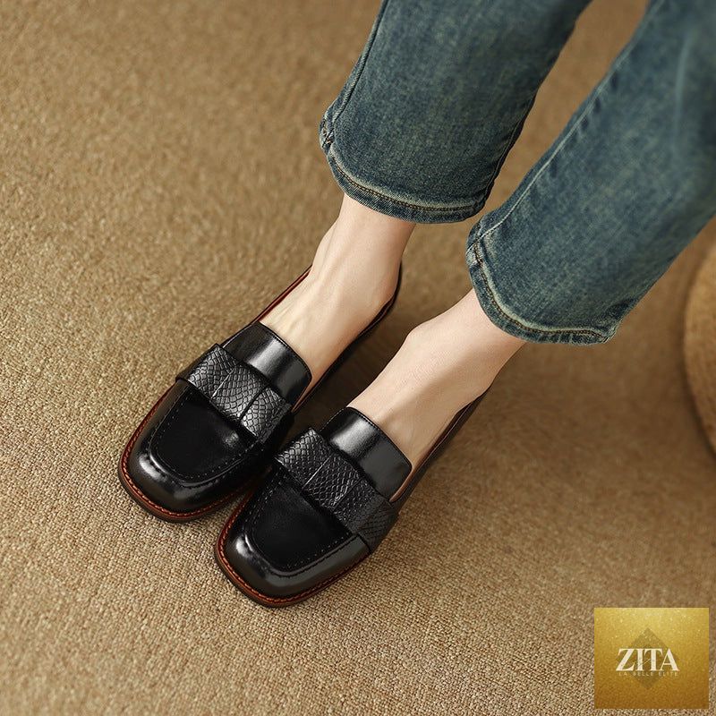 Women's FitiqueFit cowhide square toe chunky heel pumps with floral details, stylish commuter footwear.