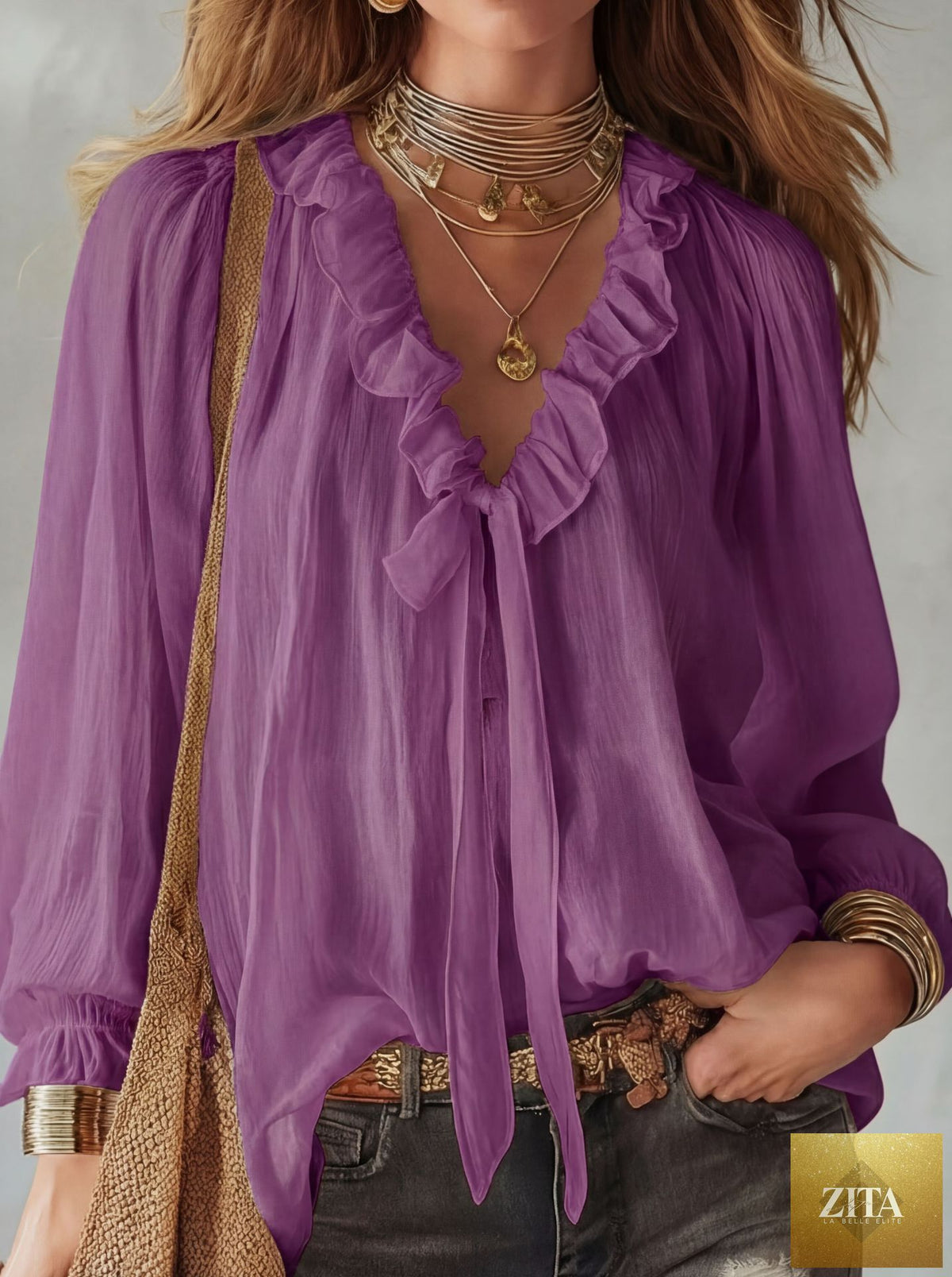 Zita La Belle Elite V-neck loose-fit casual shirt top in no-iron fabric, available in 8 colors, shown in beige color.