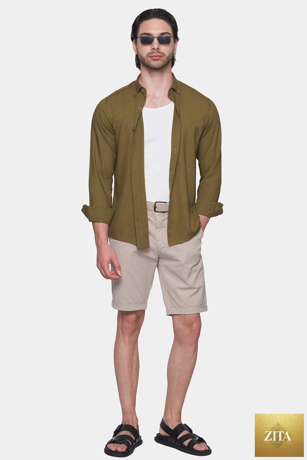 Beige summer shorts by Bright Moons featuring a casual fit and lightweight fabric, perfect for warm weather.