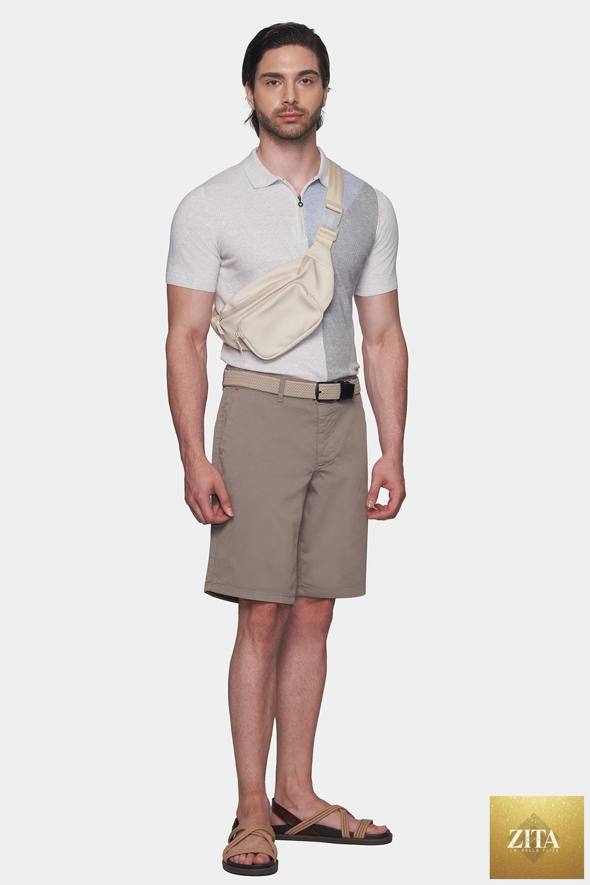 Khaki summer shorts by Bright Moons, casual fit, with belt loops and front pockets, perfect for warm weather.