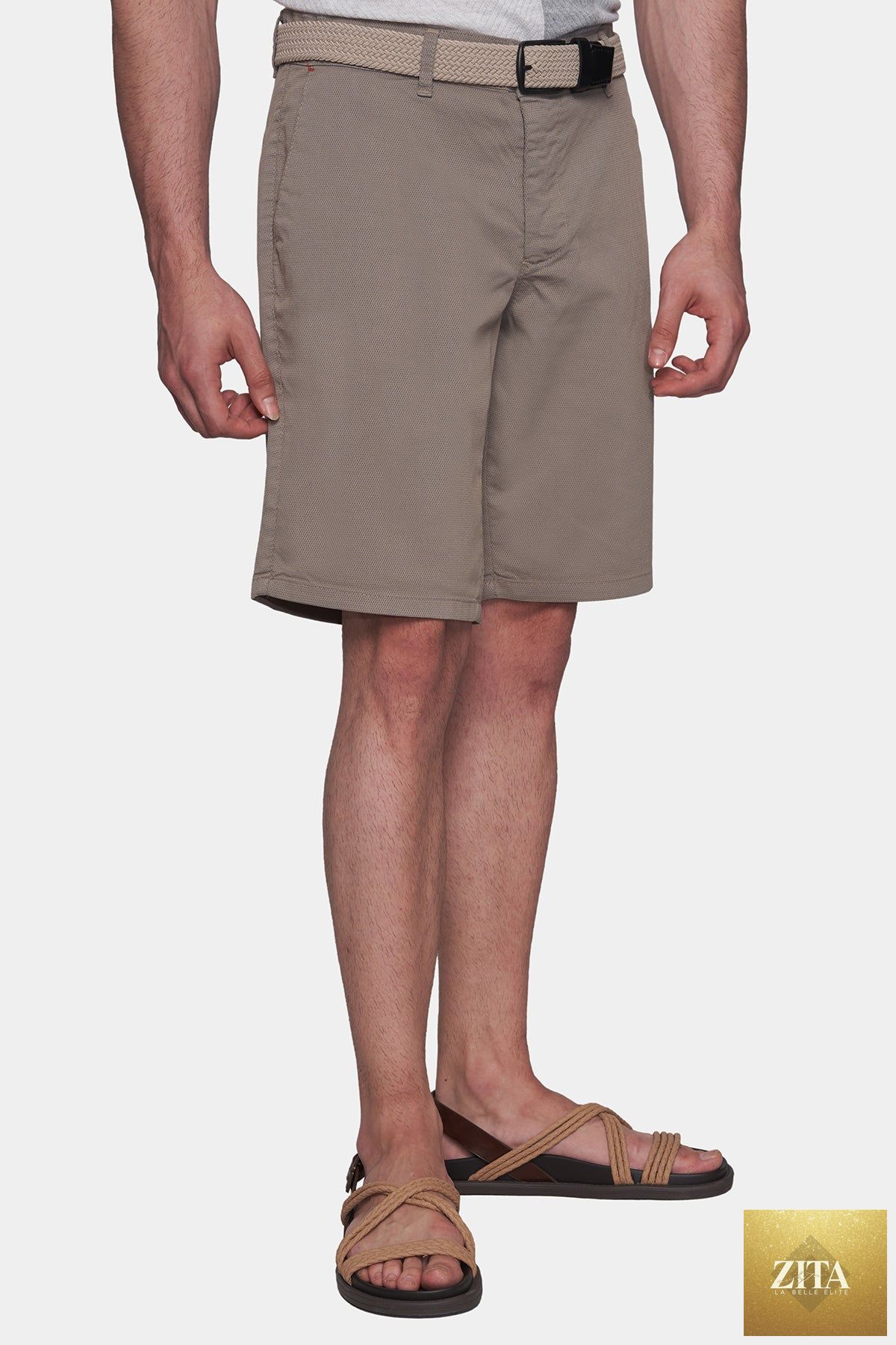 Bright Moons summer khaki shorts displayed on a model, featuring a casual fit and lightweight fabric for warm weather wear.