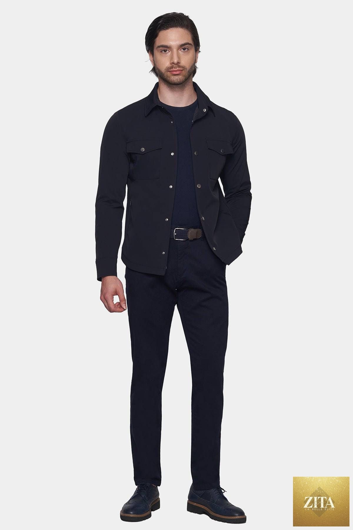 Navy Bright Moons Timeless Chino pants with classic fit and clean design, shown on a hanger against a neutral background.