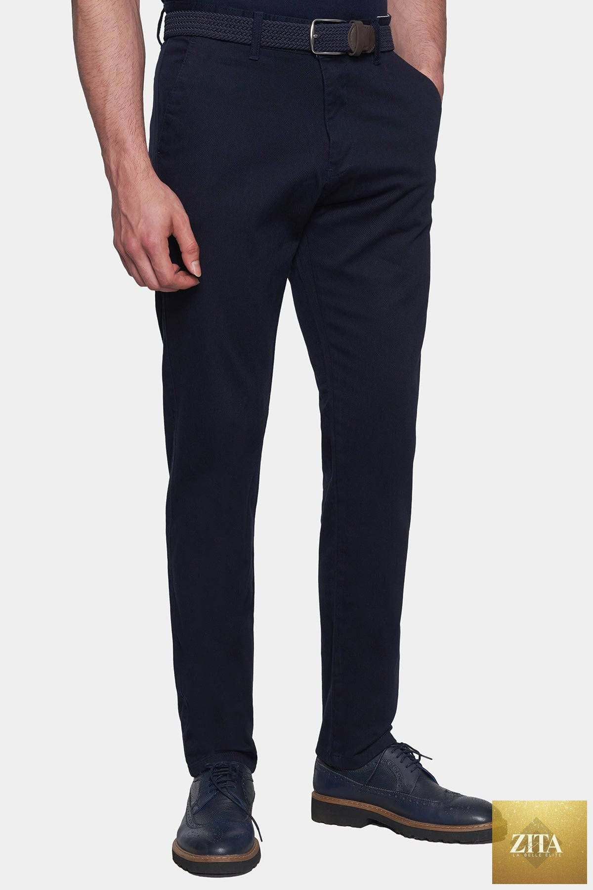 Dark navy Bright Moons Timeless Chino pants laid flat showing front and back with belt loops and classic fit.