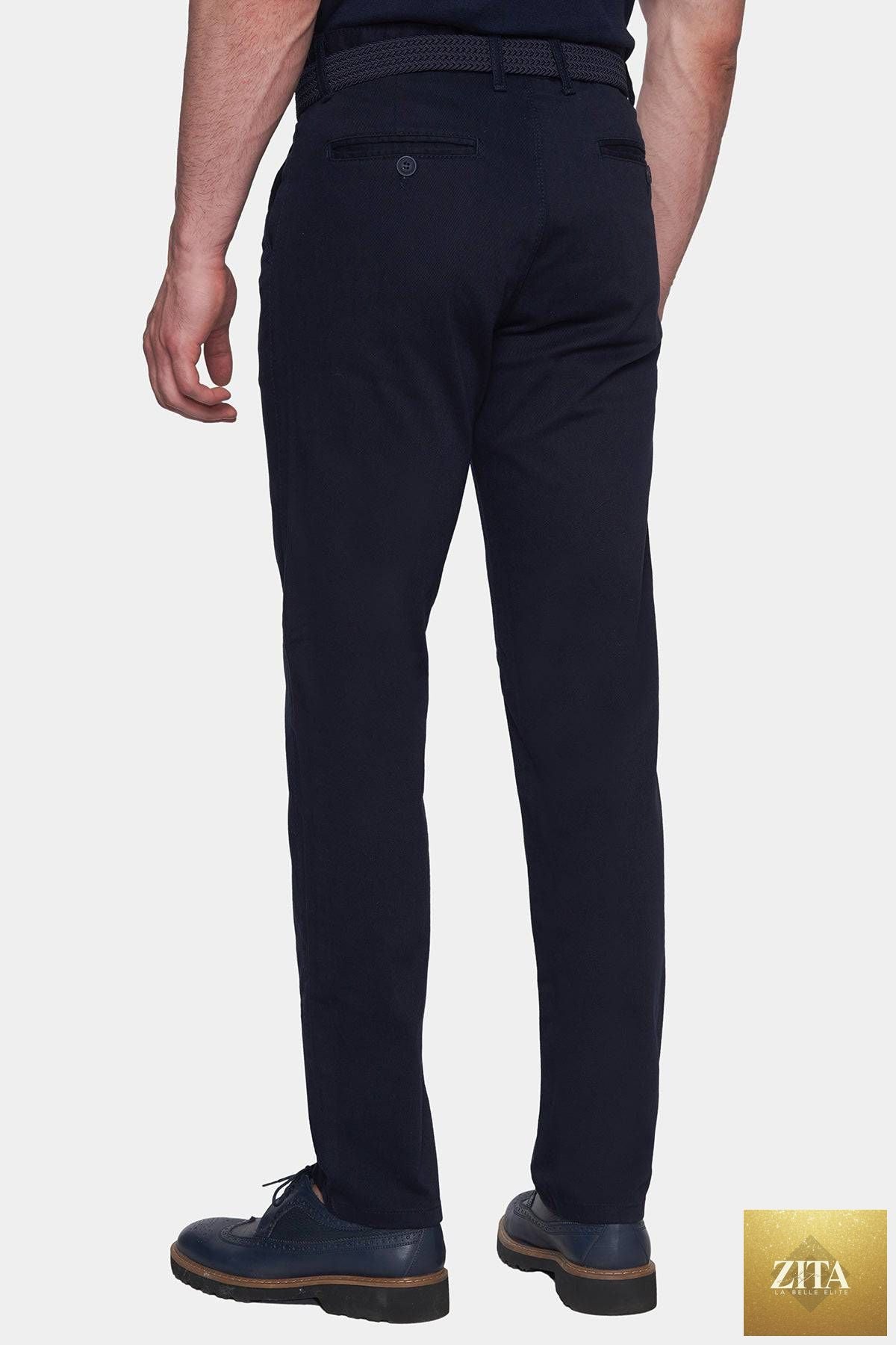 Bright Moons Timeless Chino in navy, showing classic fit with front pockets and belt loops, made from durable cotton fabric.