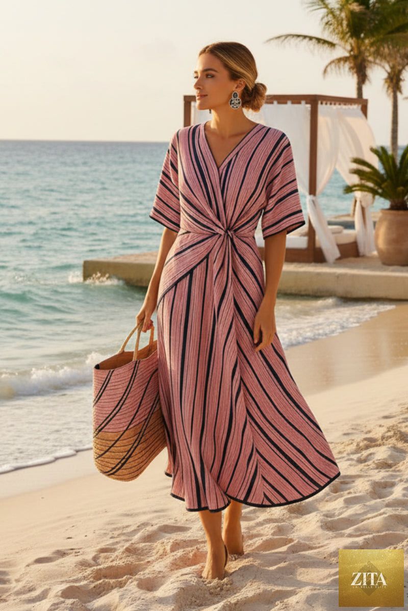 Striped print FitiqueFit maxi dress with short sleeves, perfect for beach vacations and summer outings.