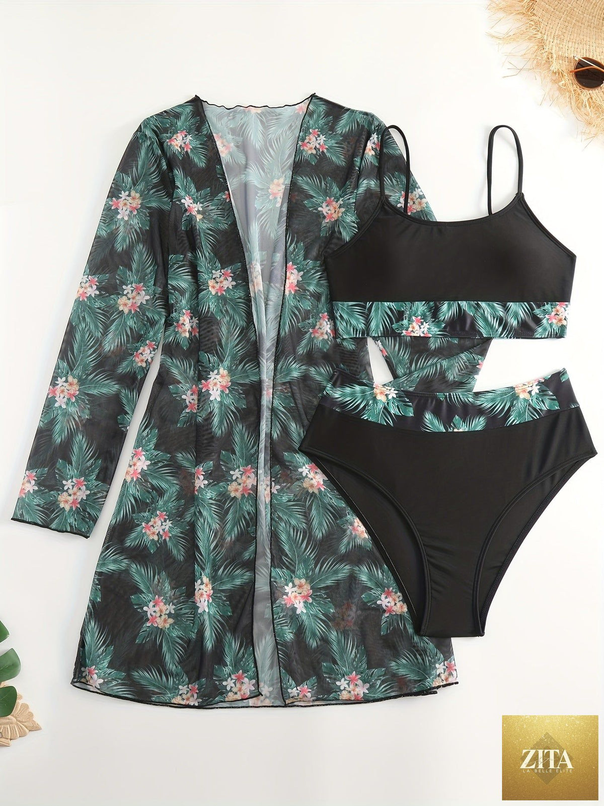 Stevvex three-piece bikini set with tropical print, high stretch fabric, crew neck mesh cover-up, perfect for summer beach and poolside.