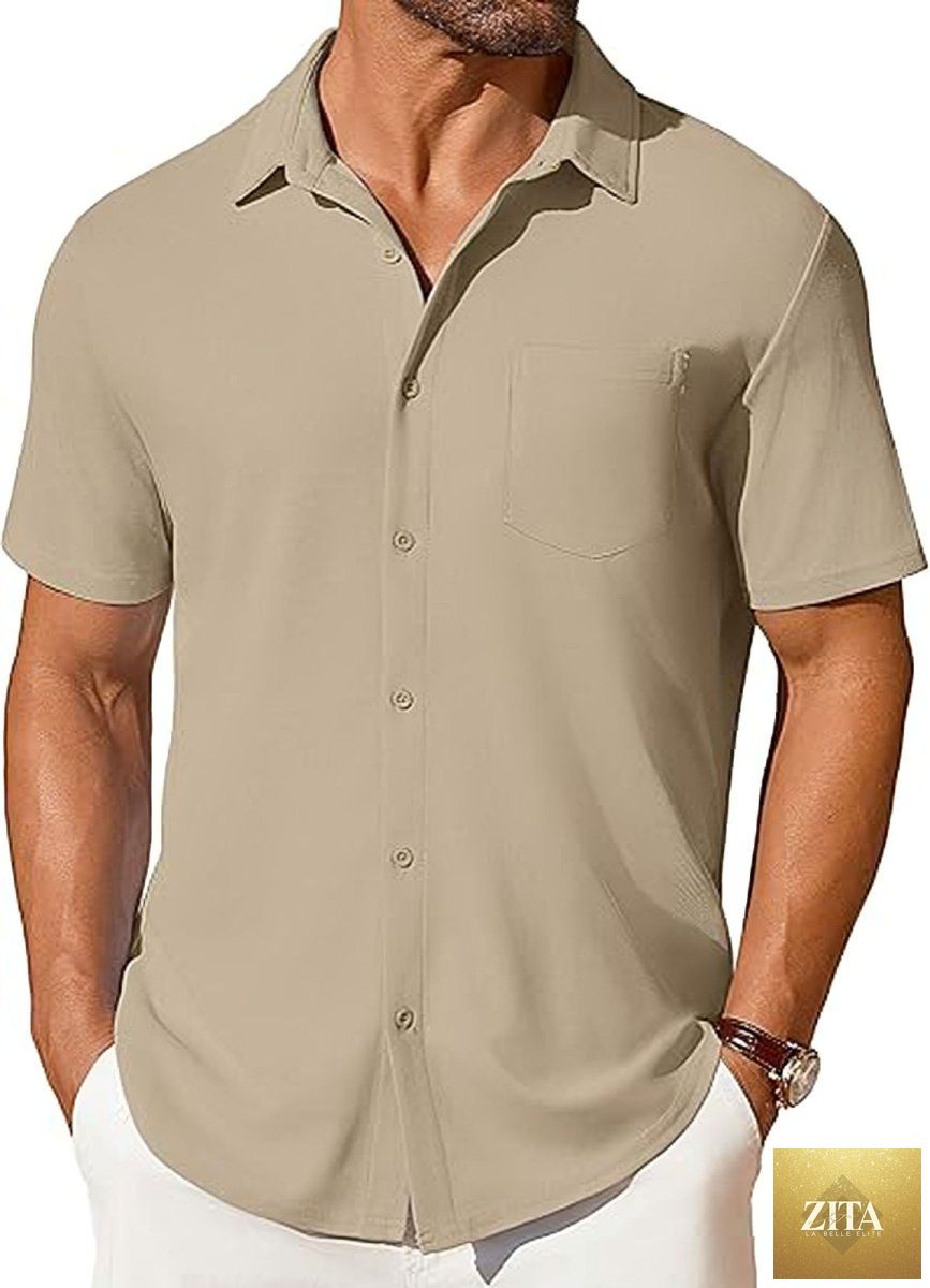 Mandotos men's short-sleeve button-up shirt with wrinkle- and crease-resistant fabric, shown in a casual style.