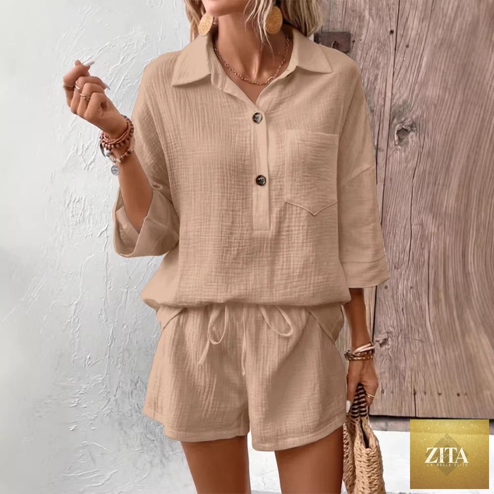 Zita La Belle Elite women's casual two-piece set with a lapel collar shirt and matching shorts, featuring double-panel design.