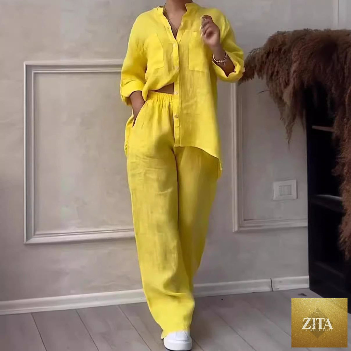 Zita La Belle Elite wide-leg pants and lace-up top two-piece set in solid color, available in 12 sizes and colors.