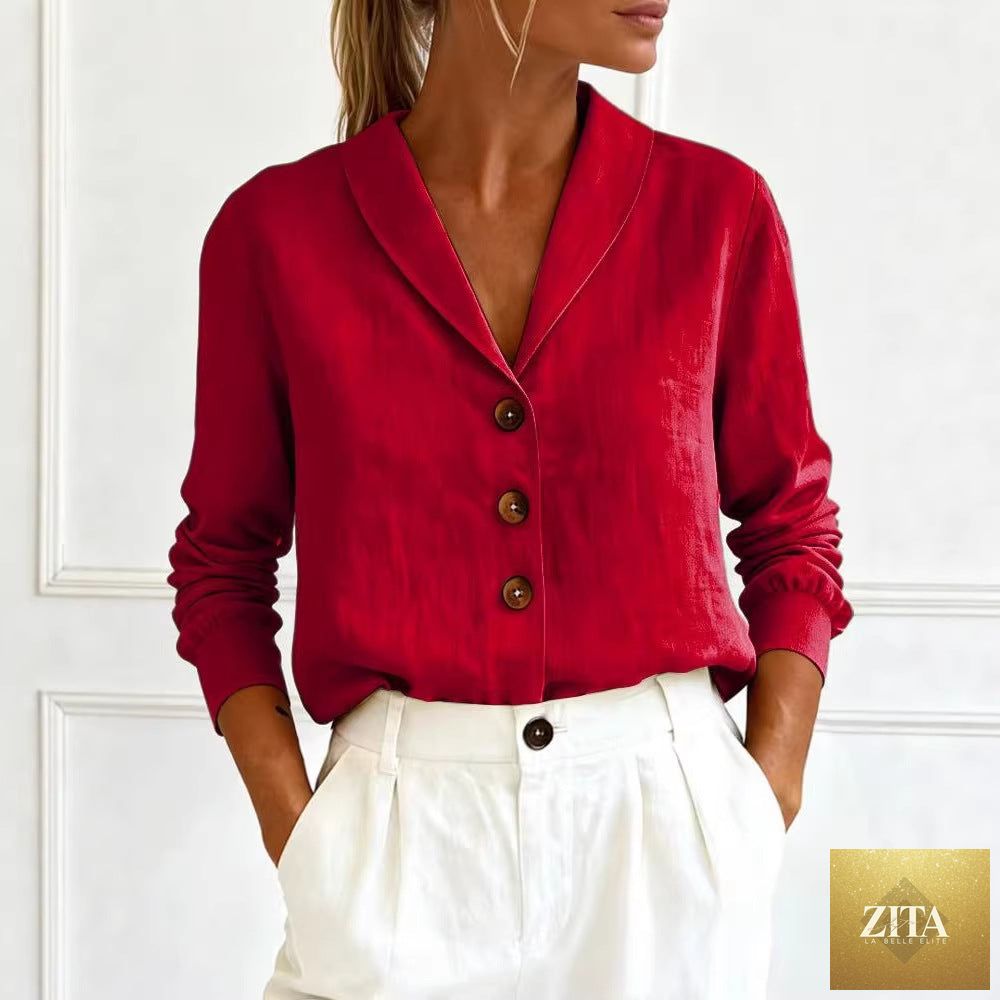 Women's cotton-linen Peter Pan collar button-up shirt by Zita La Belle Elite, shown in multiple colors, available in sizes S to 3XL.