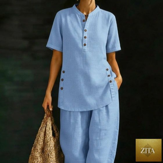 Zita La Belle Elite two-piece set with three-quarter sleeve shirt and wide-leg pants in solid color, casual style.