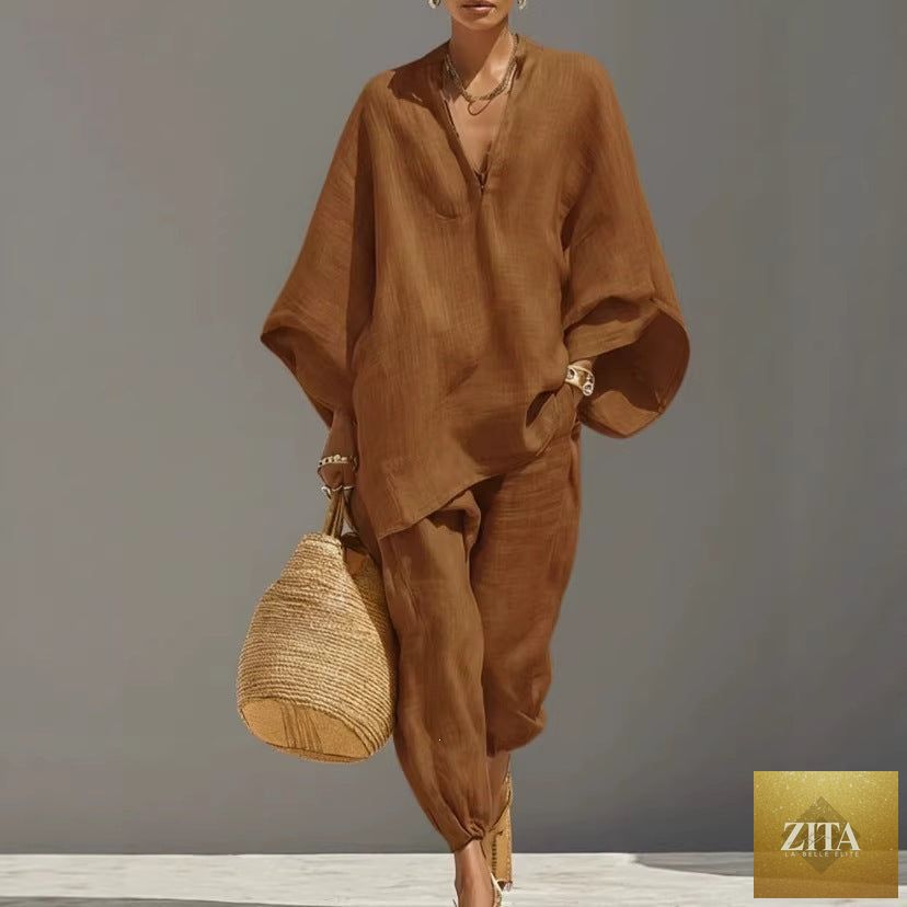 Zita La Belle Elite women's casual loose shirt and cropped pants two-piece set, vintage-inspired co-ord, relaxed fit, stylish casualwear