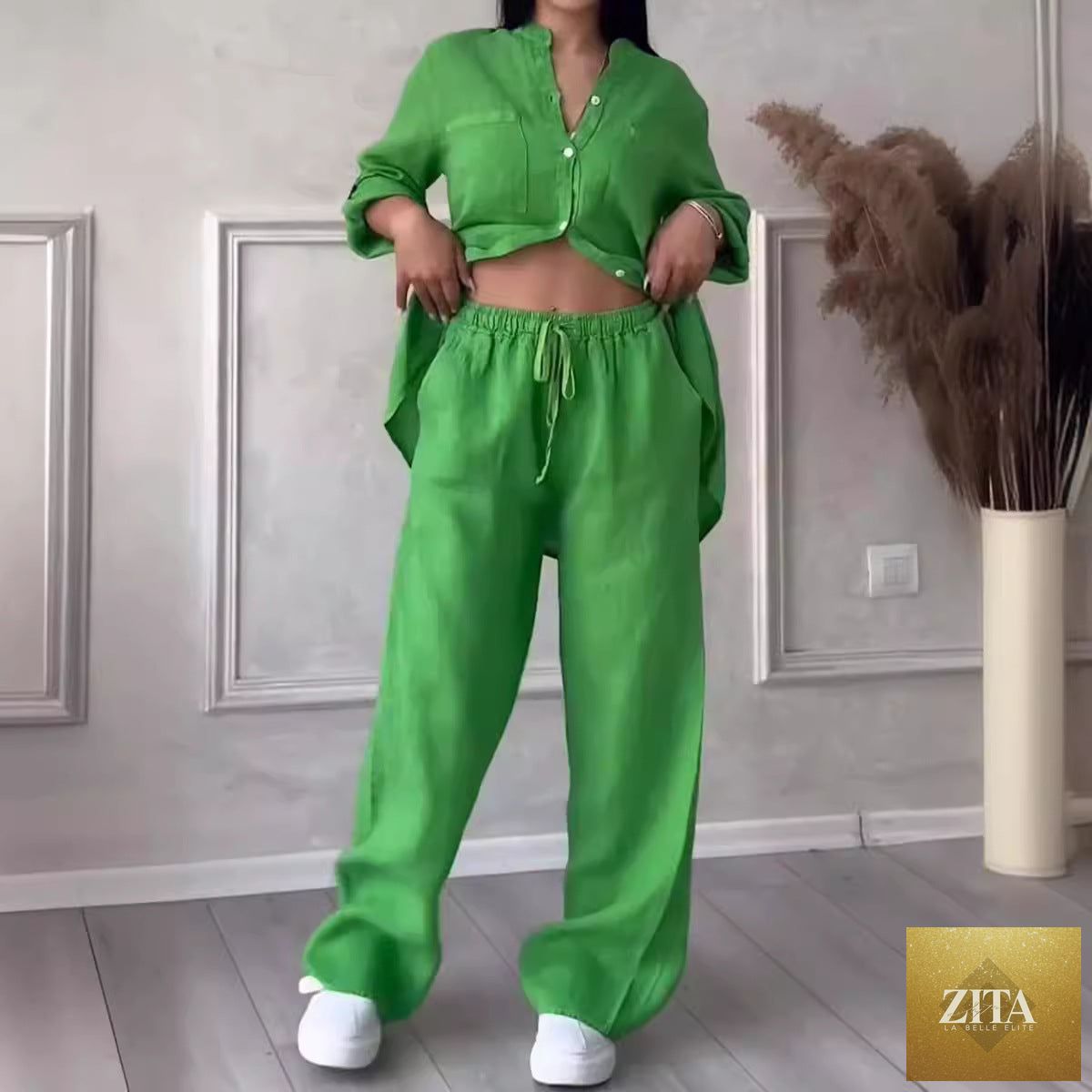 Zita La Belle Elite wide-leg pants and lace-up top two-piece set in solid color, available in 12 colors, size S to 5XL.