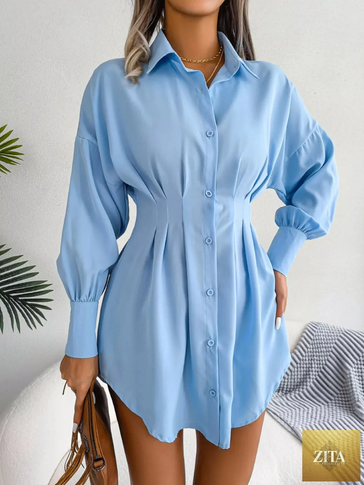 Elegant button-down cinched waist mini shirt dress by Shopimist, showing a stylish, fitted design with a classic collar and long sleeves.