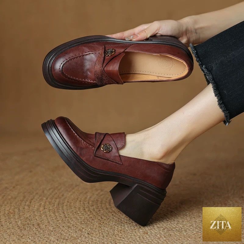 Women’s vintage chunky heel leather shoes by FitiqueFit featuring retro style and classic design.