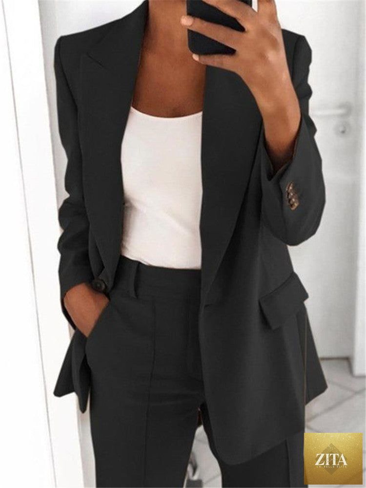 FitiqueFit lapel blazer and slim-fit trousers two-piece suit in various colors, XS to 5XL, shown in a stylish outfit.