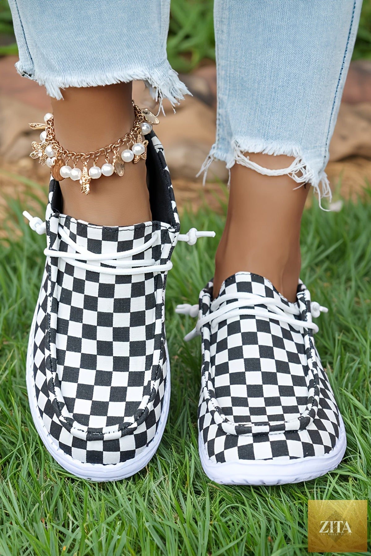 Black checkered print lace-up flat shoes for women, stylish Wild and Free Boutique footwear with comfortable design.