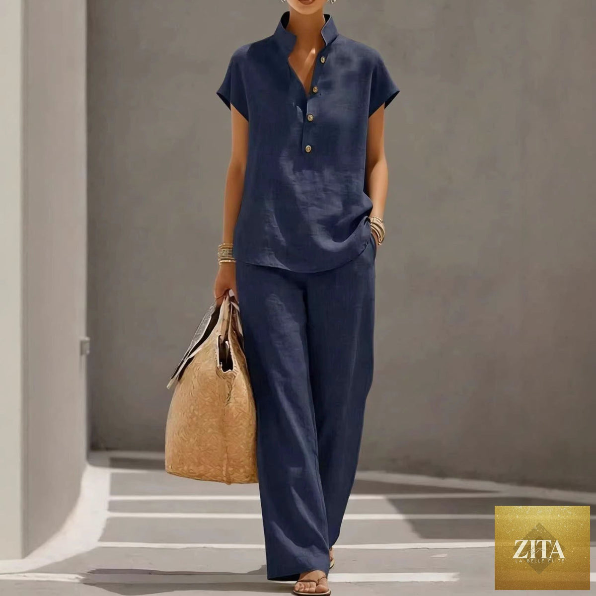 Zita La Belle Elite three-piece set with solid cardigan, short sleeve top, and pants for casual lounge wear.